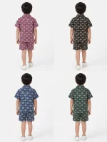 Kids Boys Elephant Print Blue Cotton Co-Ord Set | Summer Wear | Cotton Printed Shirt and Shorts