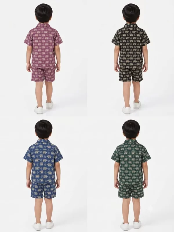 Kids Boys Elephant Print Blue Cotton Co-Ord Set | Summer Wear | Cotton Printed Shirt and Shorts