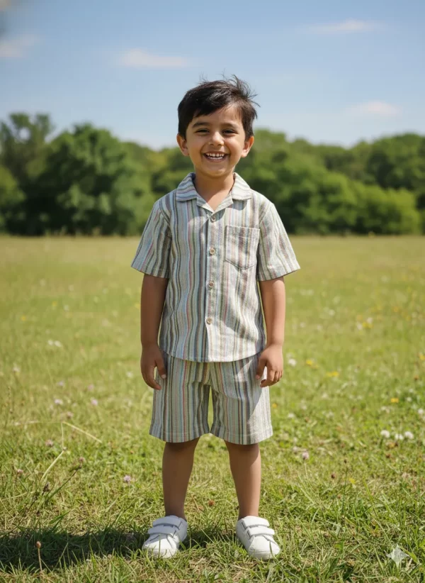 Kids Boys Multicolor Striped Cotton Co-Ord Set
