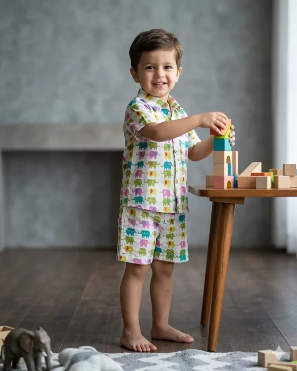 Multi Elephant Print Cotton Co-Ord Set for Boys and Girls