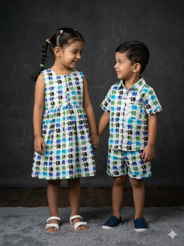 Multi Elephant Print Cotton Co-Ord Set for Boys and Girls