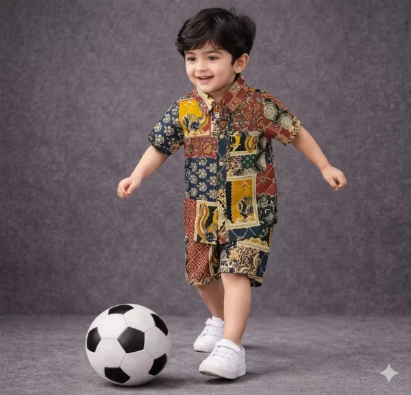 Kids Boys Patch Work Print Cotton Co-Ord Set