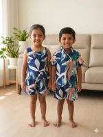 Kids Multicolor Tropical Leaf Print Cotton Co-Ord Set