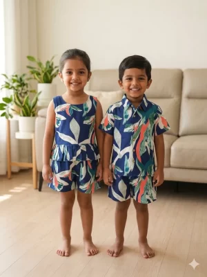 Kids Multicolor Tropical Leaf Print Cotton Co-Ord Set