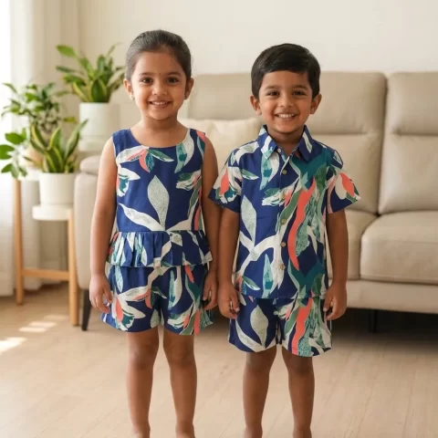 Kids Multicolor Tropical Leaf Print Cotton Co-Ord Set