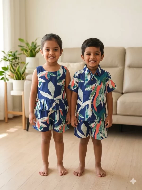 Kids Multicolor Tropical Leaf Print Cotton Co-Ord Set