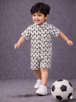 Boys White Cotton Co-Ord Set with Black Buti Print