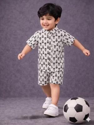 Boys White Cotton Co-Ord Set with Black Buti Print