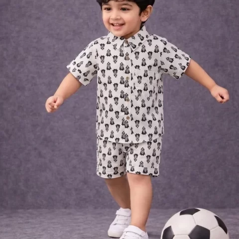 Boys White Cotton Co-Ord Set with Black Buti Print