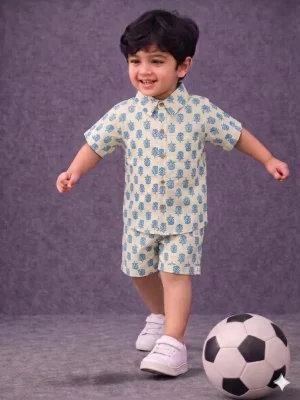 Kids Boys Cotton Co-Ord Set with Leaf Print