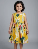 Girls' Yellow Abstract Leaf Print Sleeveless Fit-and-Flare Dress | Printed Frock