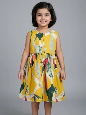 Girls' Yellow Abstract Leaf Print Sleeveless Fit-and-Flare Dress | Printed Frock