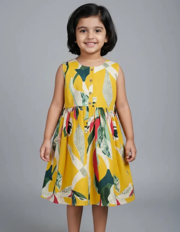 Girls' Yellow Abstract Leaf Print Sleeveless Fit-and-Flare Dress | Printed Frock