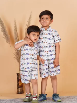 Elephant Print Cotton Co-Ord Set for Kids Boys