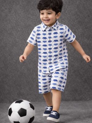 Kids Blue Elephant Print Cotton Sibling Combo Set