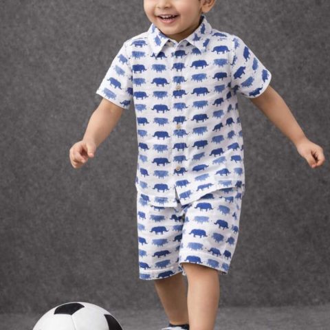 Kids Blue Elephant Print Cotton Sibling Combo Set