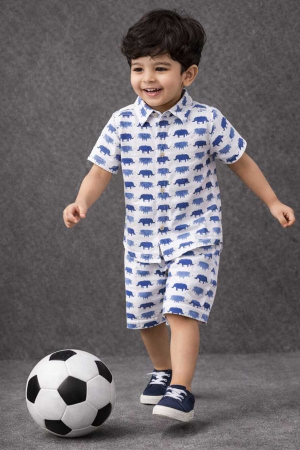 Kids Blue Elephant Print Cotton Sibling Combo Set