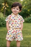 Kids Boys Multicolor Elephant Print Cotton Co-Ord Set