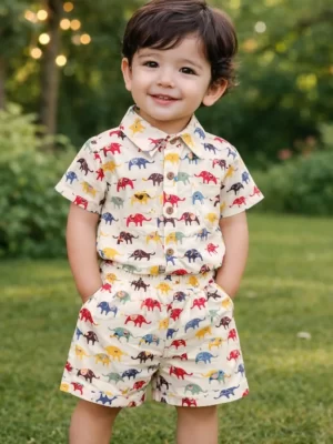 Kids Boys Multicolor Elephant Print Cotton Co-Ord Set