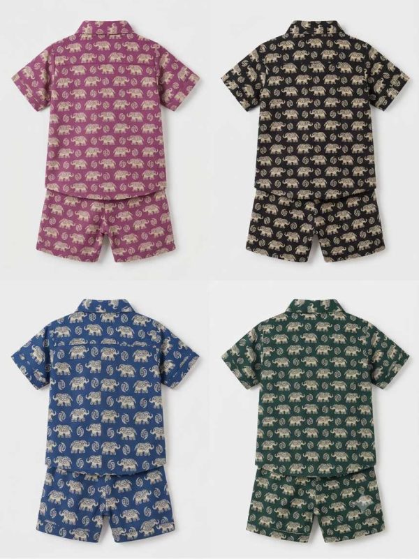 Kids Boys Elephant Print Blue Cotton Co-Ord Set | Summer Wear | Cotton Printed Shirt and Shorts