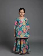 Girls Teal Hand-Block Floral Print Cotton Angrakha Kurta and Skirt Set with Gota Patti Lace Work