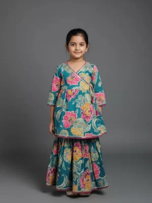 Girls Teal Hand-Block Floral Print Cotton Angrakha Kurta and Skirt Set with Gota Patti Lace Work