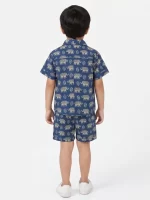 Kids Boys Elephant Print Blue Cotton Co-Ord Set | Summer Wear | Cotton Printed Shirt and Shorts