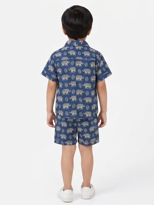 Kids Boys Elephant Print Blue Cotton Co-Ord Set | Summer Wear | Cotton Printed Shirt and Shorts