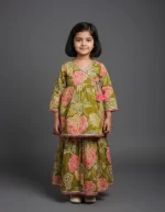 Girls Olive Green/Mehendi Green Hand-Block Floral Print Cotton Angrakha Kurta and Skirt Set with Gota Patti Lace Work