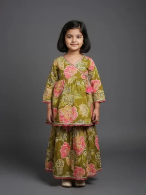 Girls Olive Green/Mehendi Green Hand-Block Floral Print Cotton Angrakha Kurta and Skirt Set with Gota Patti Lace Work