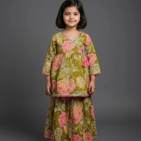 Girls Olive Green/Mehendi Green Hand-Block Floral Print Cotton Angrakha Kurta and Skirt Set with Gota Patti Lace Work