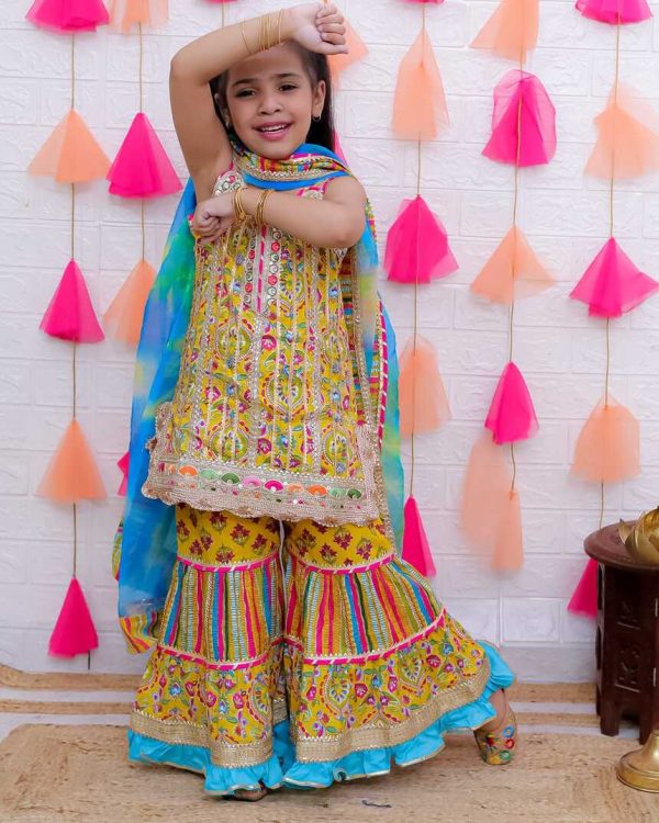 Girls Yellow Printed Sharara Suit Set with Multi-Color Stripes and Blue Shaded Dupatta – Festive Kids Ethnic Wear