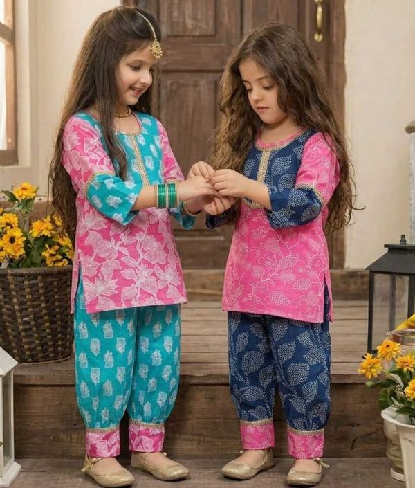 Kid Girls Pink and Turquoise Blue Traditional Jaipuri Floral Block Print Afgani Salwar & Kurta Set | Girls Salwar Suit
