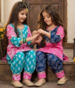 Kid Girls Pink and Turquoise Blue Traditional Jaipuri Floral Block Print Afgani Salwar & Kurta Set | Girls Salwar Suit