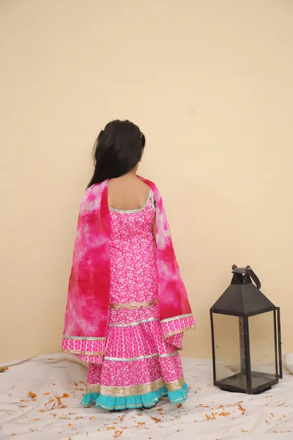 Girls Pink Printed Sharara Suit Set with Turquoise Frills & Dupatta – Festive Kids Ethnic Wear
