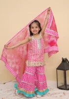 Girls Pink Printed Sharara Suit Set with Turquoise Frills & Dupatta – Festive Kids Ethnic Wear