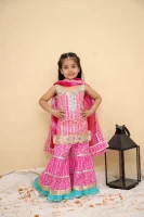 Girls Pink Printed Sharara Suit Set with Turquoise Frills & Dupatta – Festive Kids Ethnic Wear