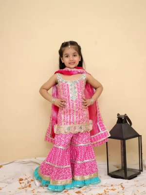 Girls Pink Printed Sharara Suit Set with Turquoise Frills & Dupatta – Festive Kids Ethnic Wear