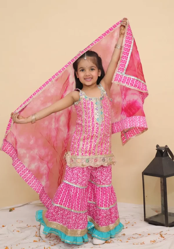 Girls Pink Printed Sharara Suit Set with Turquoise Frills & Dupatta – Festive Kids Ethnic Wear