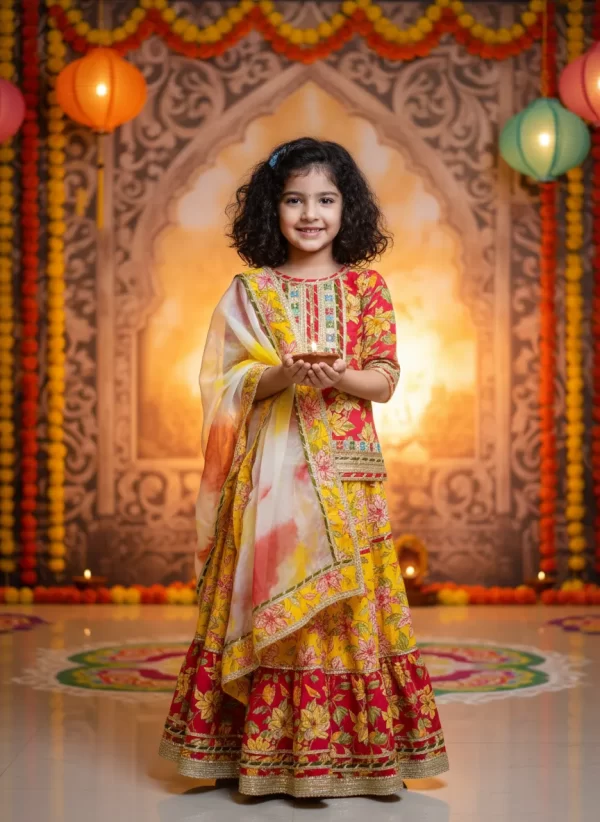 Girls Yellow and Red Floral Lehenga Choli Set with Tie-Dye Dupatta – Kids Festive Ethnic Wear