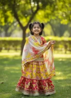 Girls Yellow and Red Floral Lehenga Choli Set with Tie-Dye Dupatta – Kids Festive Ethnic Wear