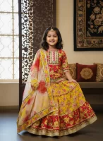 Girls Yellow and Red Floral Lehenga Choli Set with Tie-Dye Dupatta – Kids Festive Ethnic Wear