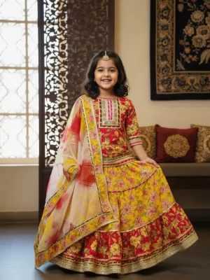 Girls Yellow and Red Floral Lehenga Choli Set with Tie-Dye Dupatta – Kids Festive Ethnic Wear