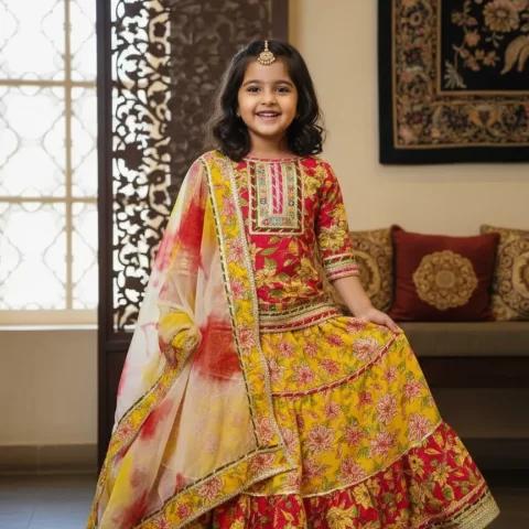 Girls Yellow and Red Floral Lehenga Choli Set with Tie-Dye Dupatta – Kids Festive Ethnic Wear