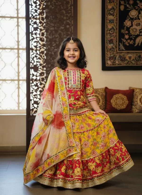 Girls Yellow and Red Floral Lehenga Choli Set with Tie-Dye Dupatta – Kids Festive Ethnic Wear