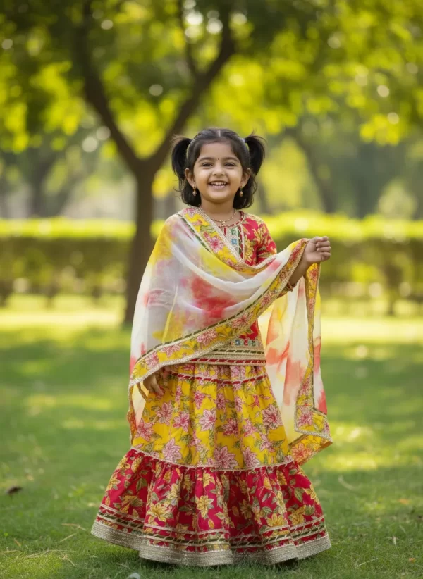Girls Yellow and Red Floral Lehenga Choli Set with Tie-Dye Dupatta – Kids Festive Ethnic Wear