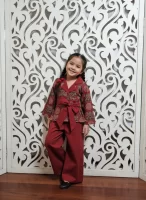 Kid Girls Maroon Indo-Western Co-ord Set | Traditional Print Front-Tie Jacket and Trouser Set | Wrap Style Kurti & Pants