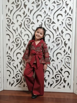 Kid Girls Maroon Indo-Western Co-ord Set | Traditional Print Front-Tie Jacket and Trouser Set | Wrap Style Kurti & Pants