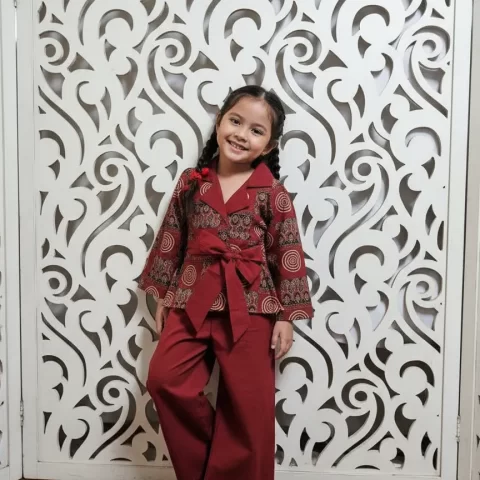 Kid Girls Maroon Indo-Western Co-ord Set | Traditional Print Front-Tie Jacket and Trouser Set | Wrap Style Kurti & Pants