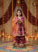 Girls Deep Wine-Maroon Floral Sharara Suit Set with Multicolor Dupatta – Festive Kids Ethnic Wear